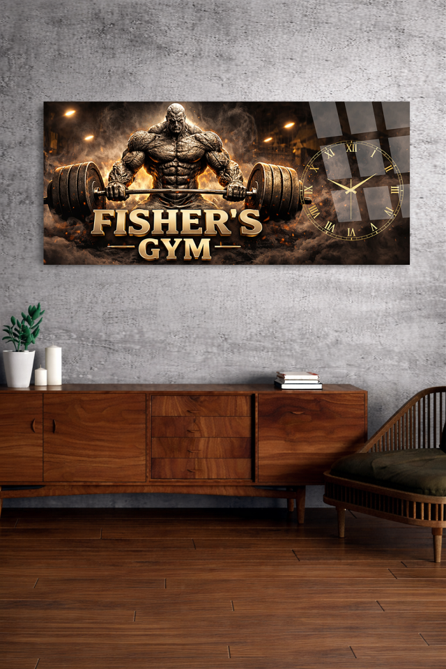 KIRILMAZ CAM DUVAR SAATİ , HEM TABLO HEM SAAT FISHERS GYM AĞIRLIK VE GÜÇ TEMALI EV OFİS HEDİYESİ