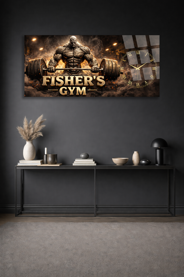 KIRILMAZ CAM DUVAR SAATİ , HEM TABLO HEM SAAT FISHERS GYM AĞIRLIK VE GÜÇ TEMALI EV OFİS HEDİYESİ