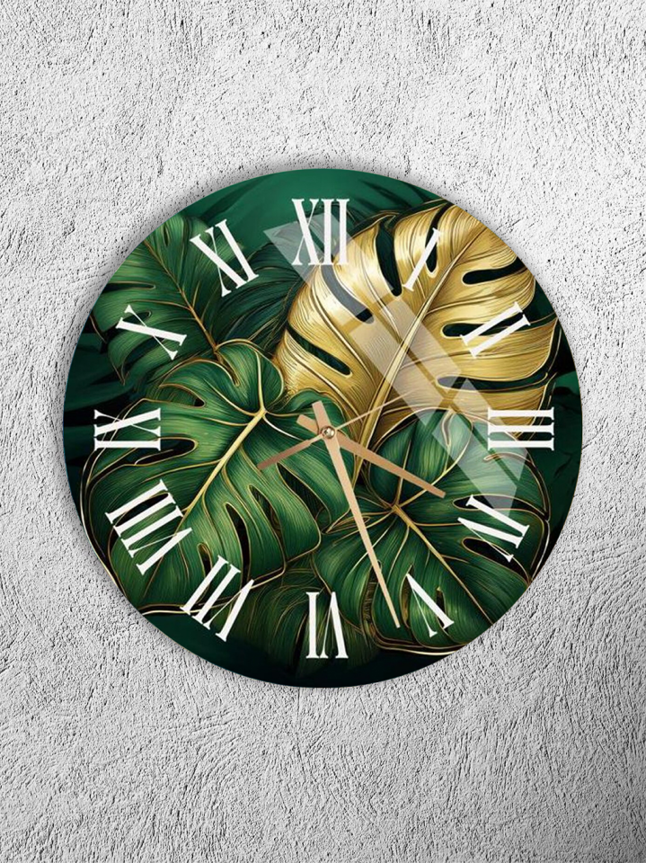 KIRILMAZ CAM DUVAR SAATİ, HEM TABLO HEM SAAT YEŞİL MONSTERA YAPRAK ALTIN DETAY ROMEN RAKAM EV OFİS HEDİYESİ
