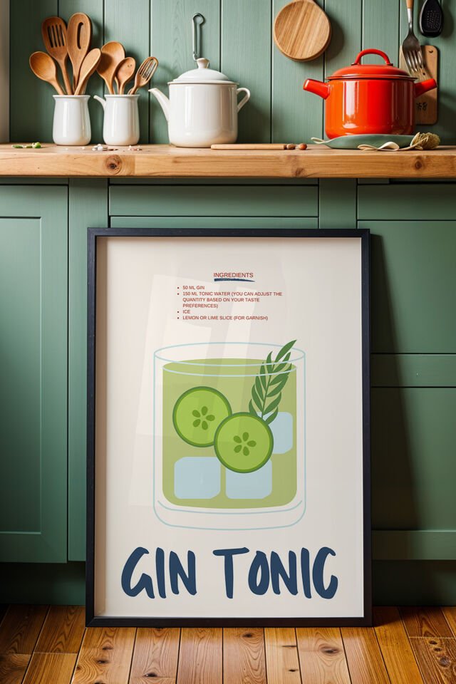 SİYAH - Gin Tonik Minimalist Mutfak Ahşap Çerçeveli Duvar Tablosu
