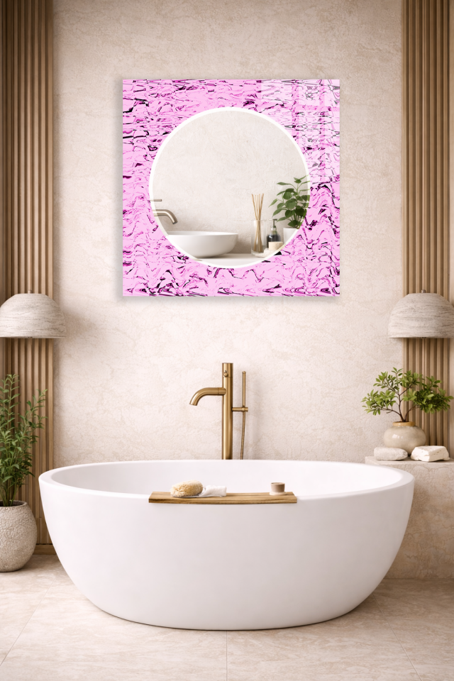 HEM TABLO HEM AYNA PARLAK PINK FOLYO DOKULU CAM DUVAR AYNASI EV DEKORU