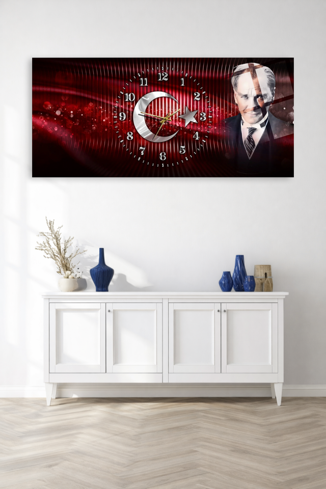 KIRILMAZ CAM DUVAR SAATİ , HEM TABLO HEM SAAT AY YILDIZ VE ATATÜRK TEMALI EV OFİS HEDİYESİ