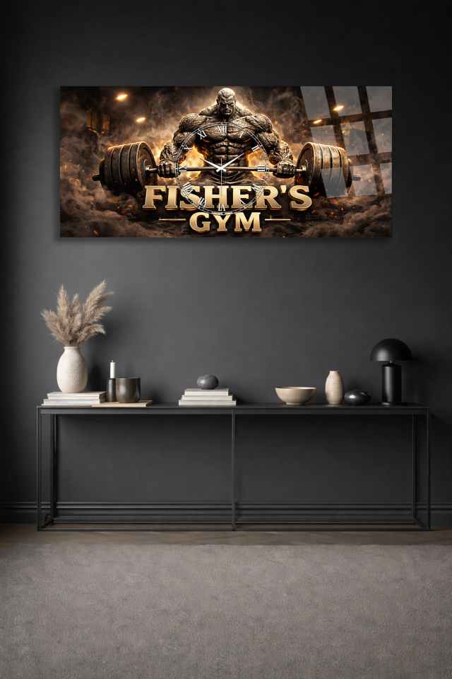 KIRILMAZ CAM DUVAR SAATİ , HEM TABLO HEM SAAT GYM POWER BODYBUILDER ALTIN TASARIM EV OFİS HEDİYESİ