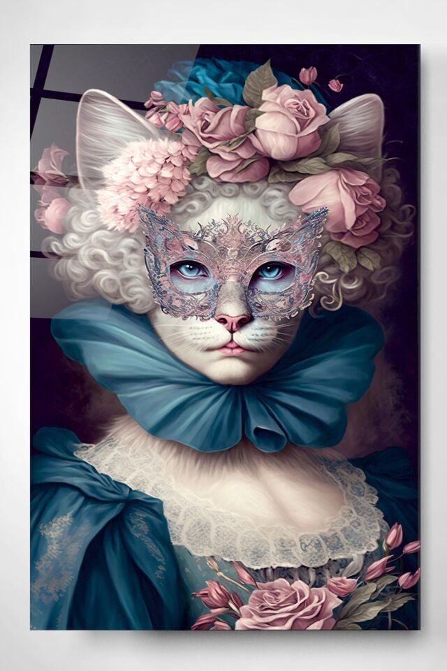 Rokoko Tarzı Kedi Cam Tablo, Dekoratif Cam Tablo
