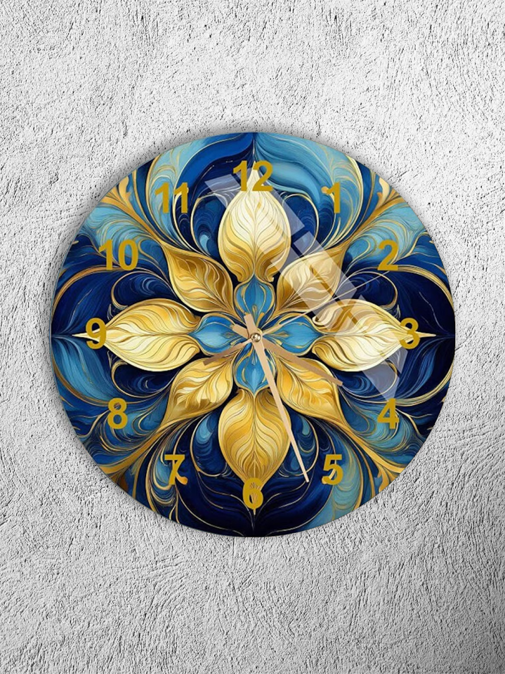 KIRILMAZ CAM DUVAR SAATİ, HEM TABLO HEM SAAT MAVİ ALTIN ÇİÇEK DESENLİ LÜKS SANATSAL EV OFİS HEDİYESİ