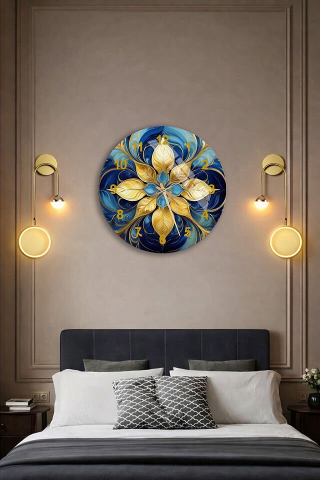 KIRILMAZ CAM DUVAR SAATİ, HEM TABLO HEM SAAT MAVİ ALTIN ÇİÇEK DESENLİ LÜKS SANATSAL EV OFİS HEDİYESİ