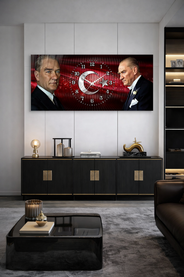 KIRILMAZ CAM DUVAR SAATİ , HEM TABLO HEM SAAT ATATÜRK TÜRK BAYRAĞI TASARIM EV OFİS HEDİYESİ