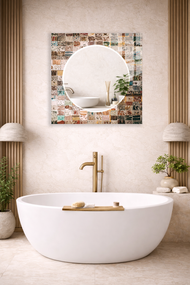 HEM TABLO HEM AYNA PATCHWORK KARO DESENLİ CAM DUVAR AYNASI EV DEKORU