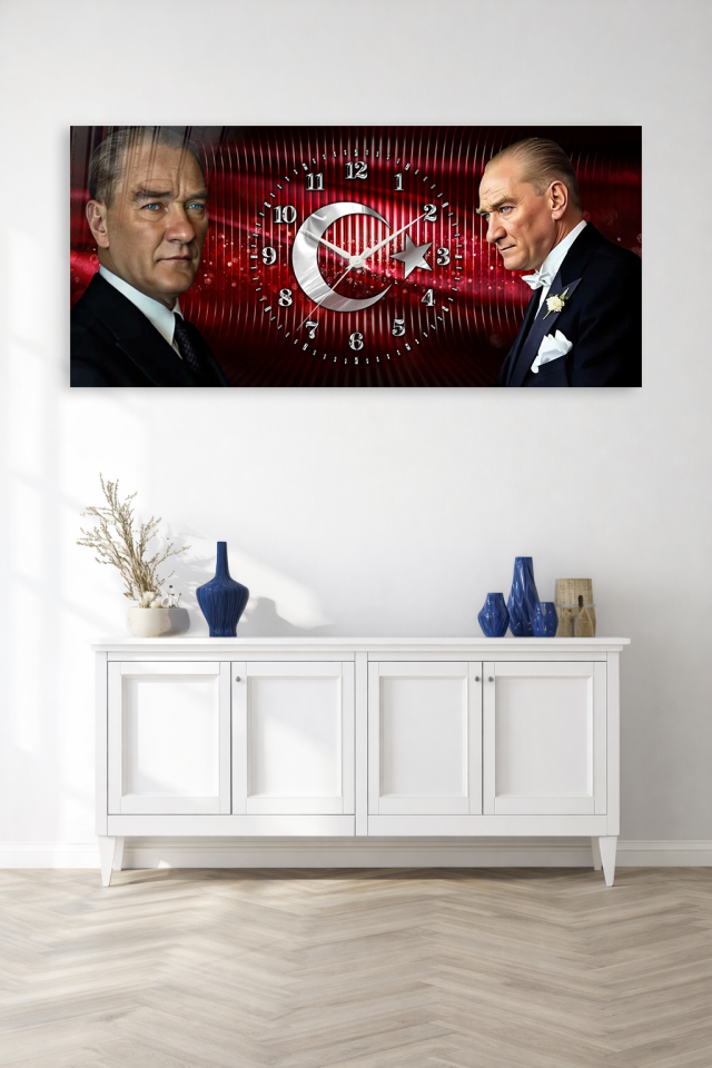 KIRILMAZ CAM DUVAR SAATİ , HEM TABLO HEM SAAT ATATÜRK TÜRK BAYRAĞI TASARIM EV OFİS HEDİYESİ