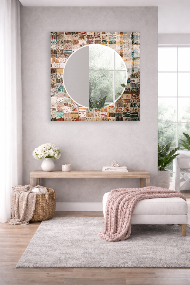HEM TABLO HEM AYNA PATCHWORK KARO DESENLİ CAM DUVAR AYNASI EV DEKORU