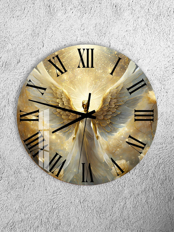 KIRILMAZ CAM DUVAR SAATİ, HEM TABLO HEM SAAT ALTIN MELEK IŞIKLI RUHSAL TASARIM EV OFİS HEDİYESİ