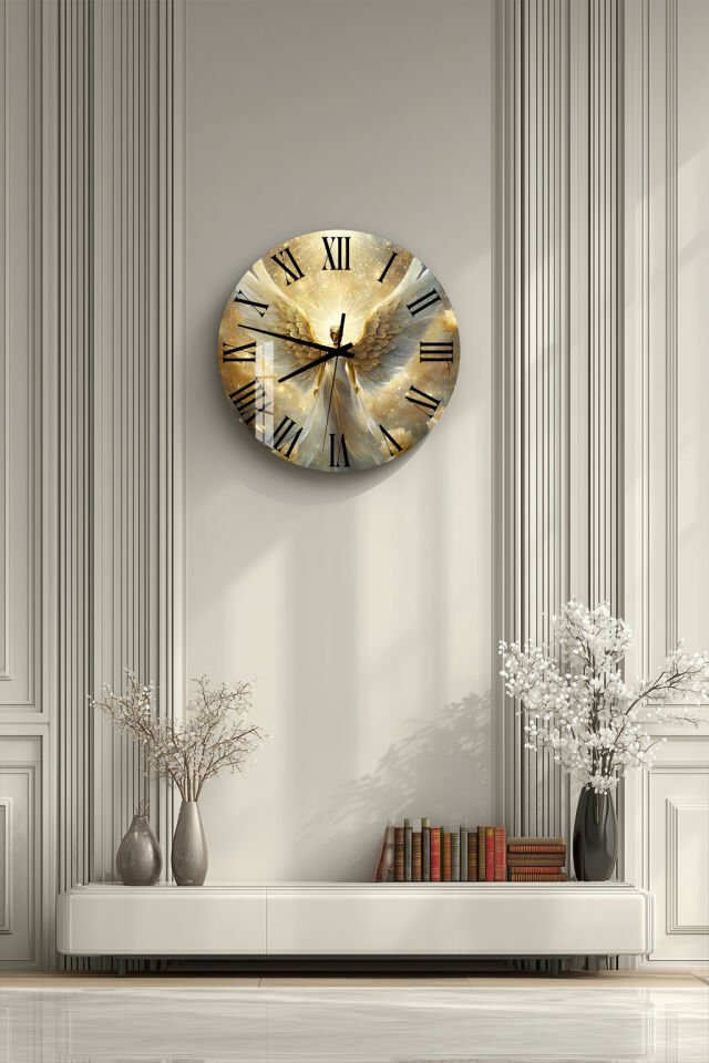 KIRILMAZ CAM DUVAR SAATİ, HEM TABLO HEM SAAT ALTIN MELEK IŞIKLI RUHSAL TASARIM EV OFİS HEDİYESİ