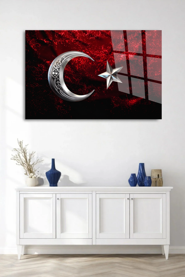 KIRILMAZ CAM TABLO , MODERN DUVAR DEKORASYONU AY YILDIZ KIRMIZI TASARIM EV OFİS HEDİYESİ