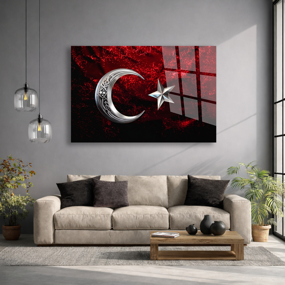 KIRILMAZ CAM TABLO , MODERN DUVAR DEKORASYONU AY YILDIZ KIRMIZI TASARIM EV OFİS HEDİYESİ