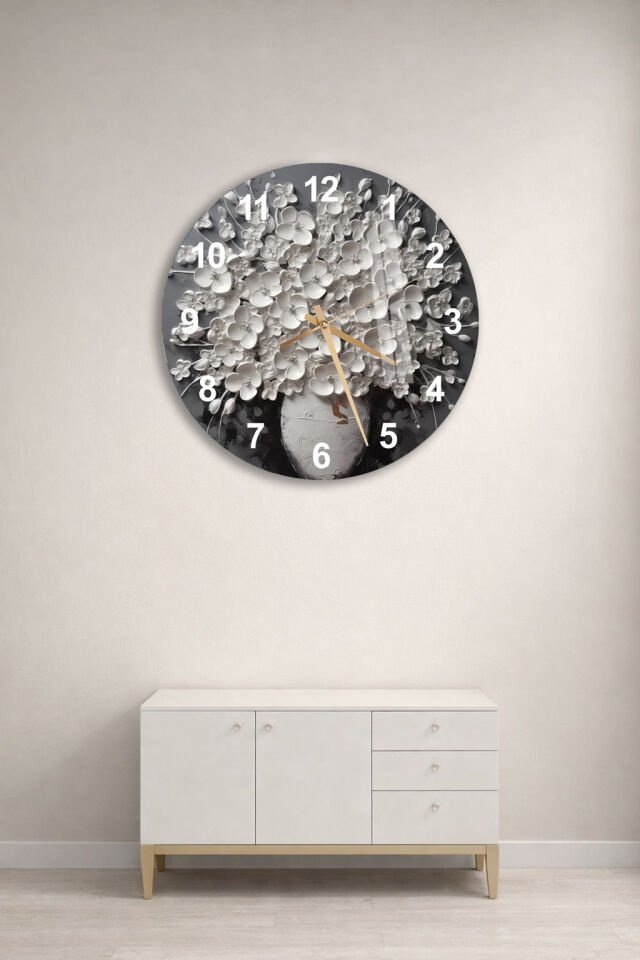 KIRILMAZ CAM DUVAR SAATİ, HEM TABLO HEM SAAT SİYAH BEYAZ ÇİÇEK VAZO DESENLİ MODERN EV OFİS HEDİYESİ