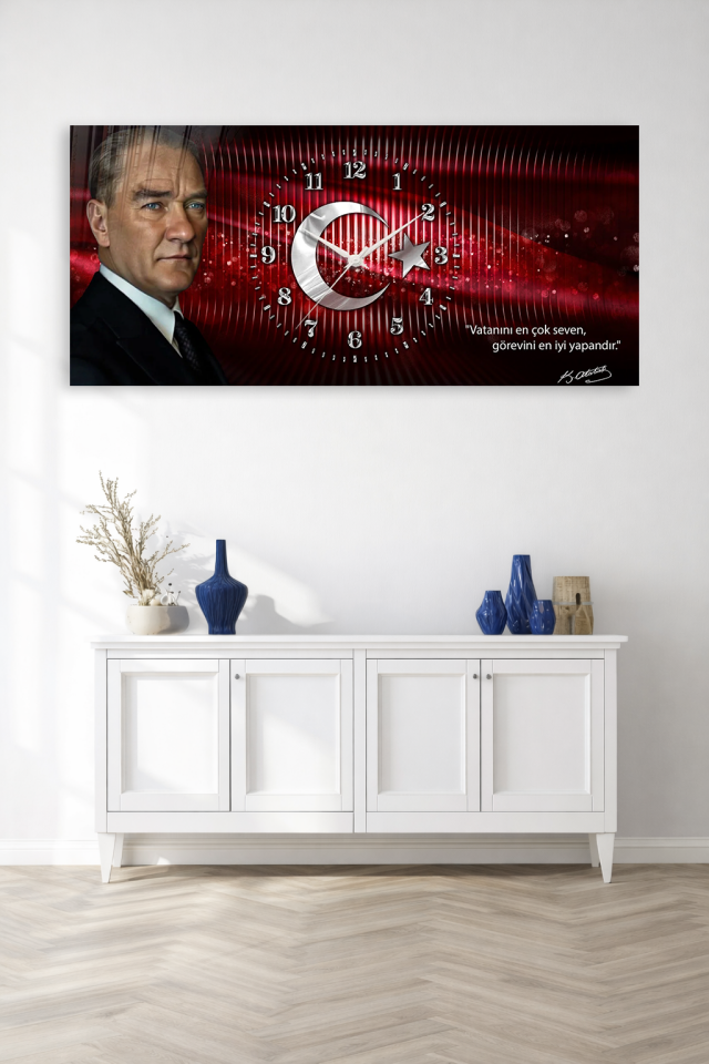 KIRILMAZ CAM DUVAR SAATİ , HEM TABLO HEM SAAT TÜRK BAYRAKLI ATATÜRK CAM SAAT EV OFİS HEDİYESİ