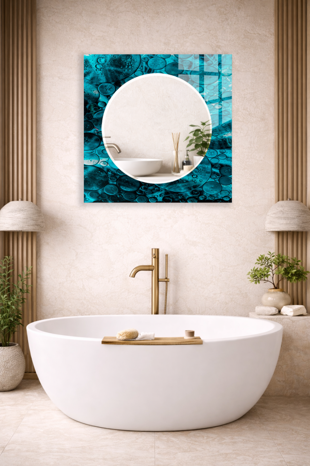 HEM TABLO HEM AYNA TURKUAZ BALONCUK EFEKTLİ CAM DUVAR AYNASI EV DEKORU