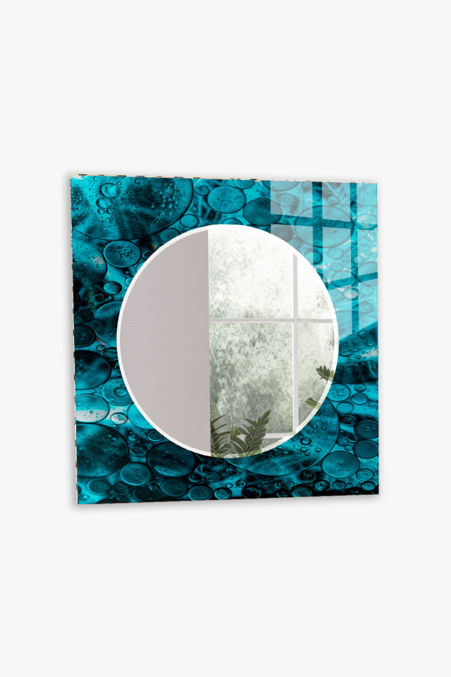 HEM TABLO HEM AYNA TURKUAZ BALONCUK EFEKTLİ CAM DUVAR AYNASI EV DEKORU