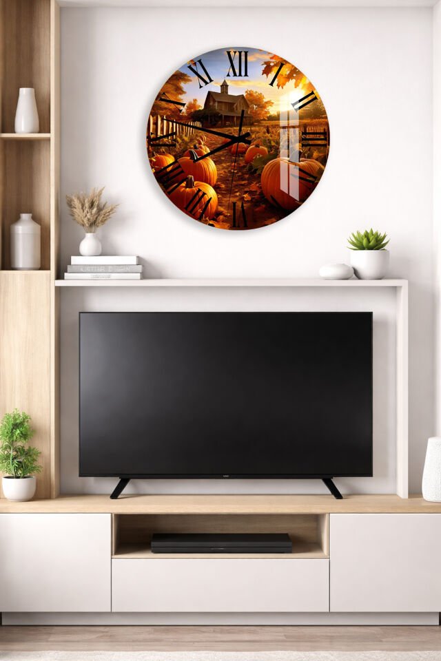 KIRILMAZ CAM DUVAR SAATİ, HEM TABLO HEM SAAT SONBAHAR BALKABAĞI ÇİFTLİK MANZARA EV OFİS HEDİYESİ