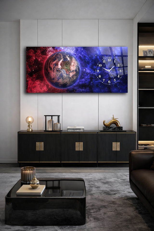 KIRILMAZ CAM DUVAR SAATİ , HEM TABLO HEM SAAT DÜNYA VE UZAY TEMALI MODERN TASARIM EV OFİS HEDİYESİ
