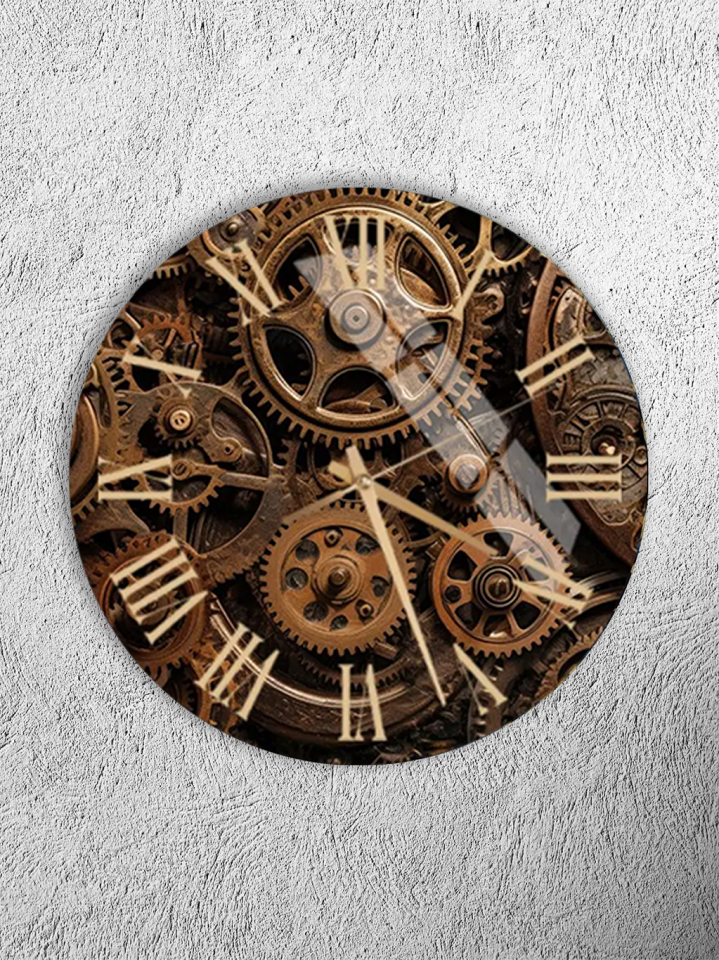 KIRILMAZ CAM DUVAR SAATİ, HEM TABLO HEM SAAT STEAMPUNK DİŞLİ MEKANİK TASARIM ROMEN RAKAM EV OFİS HEDİYESİ