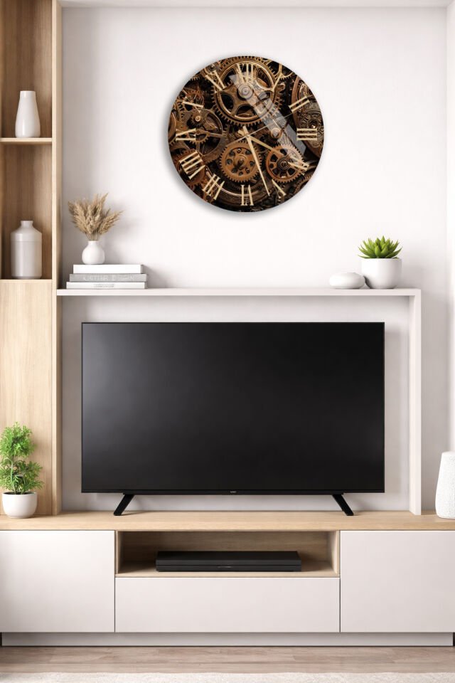 KIRILMAZ CAM DUVAR SAATİ, HEM TABLO HEM SAAT STEAMPUNK DİŞLİ MEKANİK TASARIM ROMEN RAKAM EV OFİS HEDİYESİ