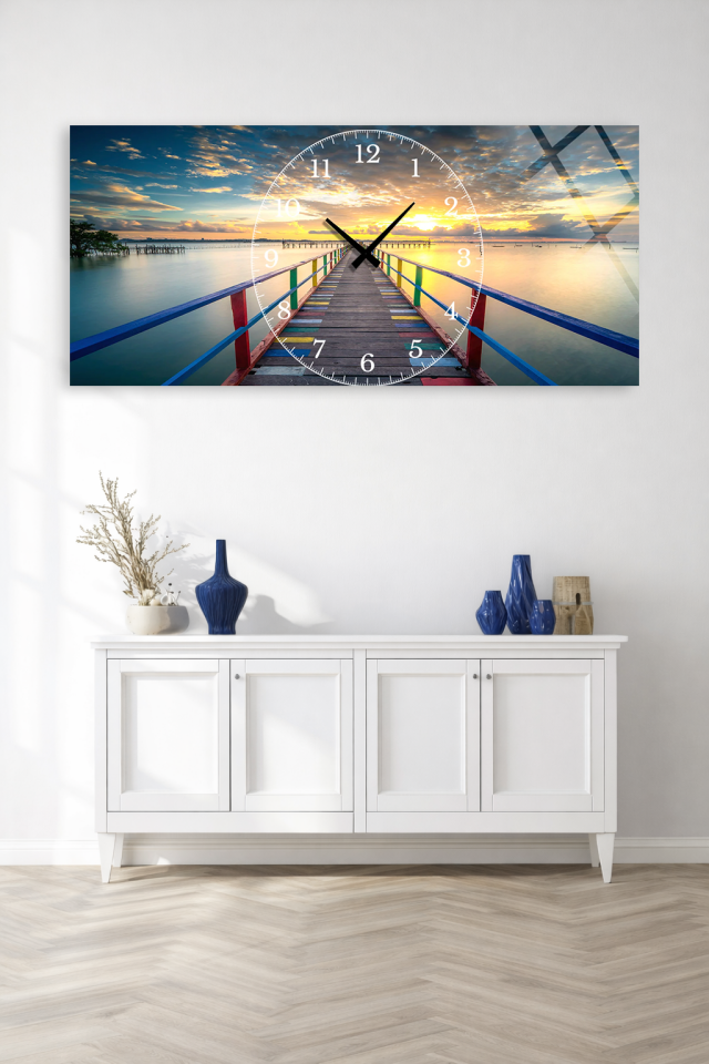 KIRILMAZ CAM DUVAR SAATİ , HEM TABLO HEM SAAT GÜN BATIMI İSKELE MANZARALI CAM SAAT EV OFİS HEDİYESİ