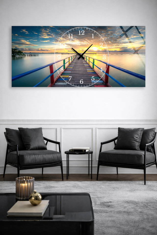 KIRILMAZ CAM DUVAR SAATİ , HEM TABLO HEM SAAT GÜN BATIMI İSKELE MANZARALI CAM SAAT EV OFİS HEDİYESİ