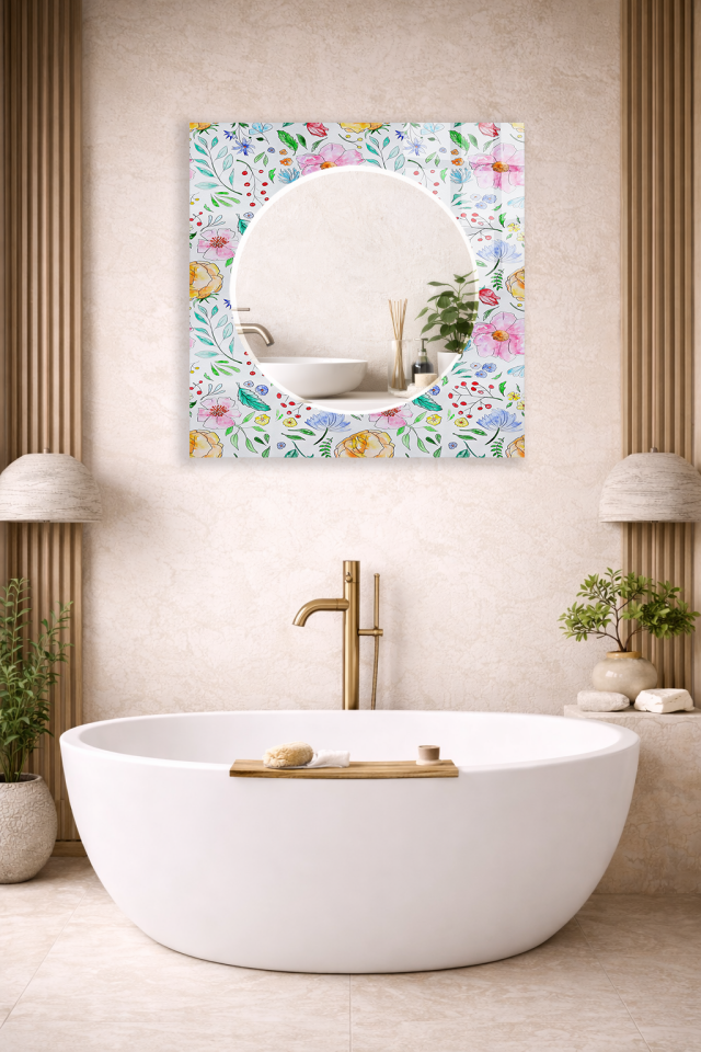 HEM TABLO HEM AYNA ÇİÇEK İLLÜSTRASYONLU CAM DUVAR AYNASI EV DEKORU