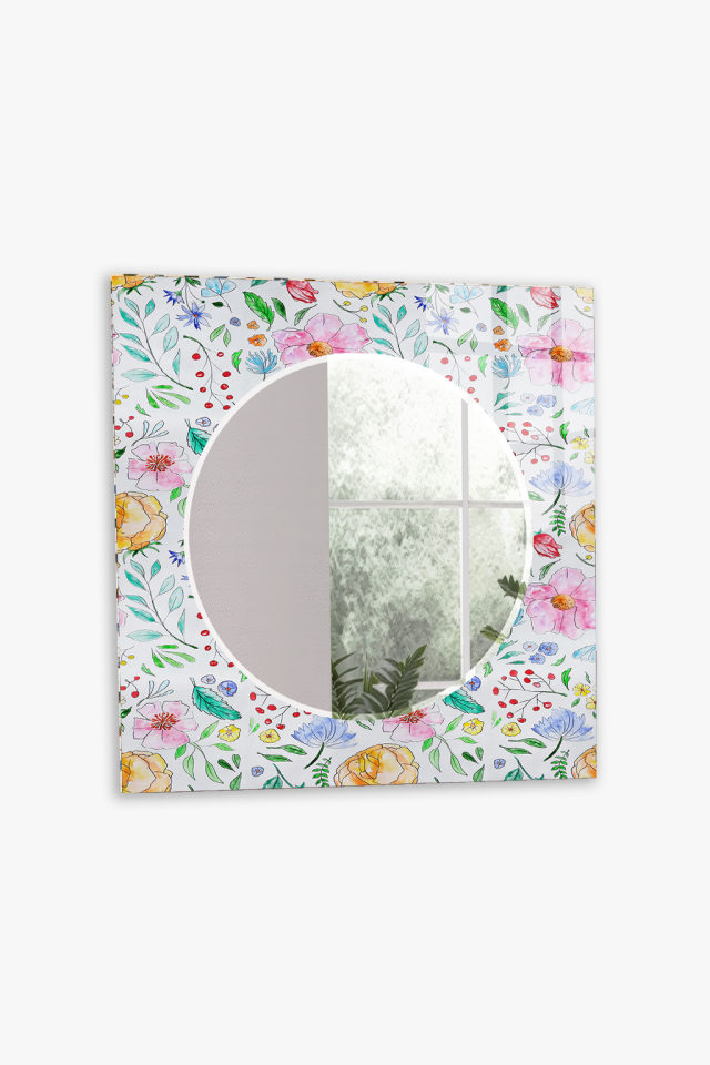HEM TABLO HEM AYNA ÇİÇEK İLLÜSTRASYONLU CAM DUVAR AYNASI EV DEKORU