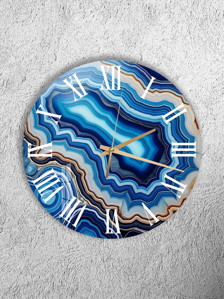 KIRILMAZ CAM DUVAR SAATİ, HEM TABLO HEM SAAT MAVİ AKİK MERMER DOĞAL TAŞ TASARIM EV OFİS HEDİYESİ