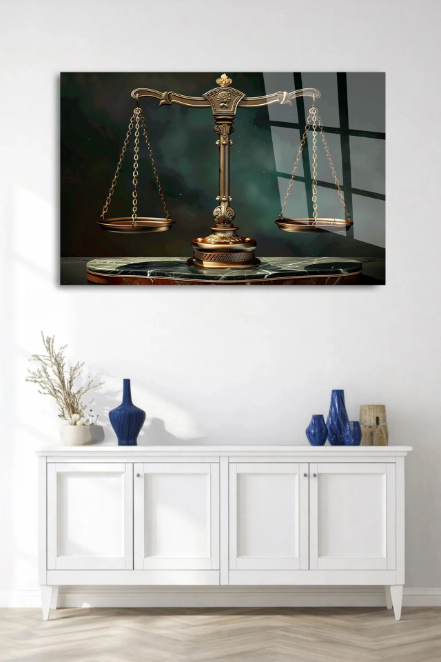 KIRILMAZ CAM TABLO , MODERN DUVAR DEKORASYONU ADALET TERAZİSİ HUKUK OFİS TASARIM HEDİYESİ