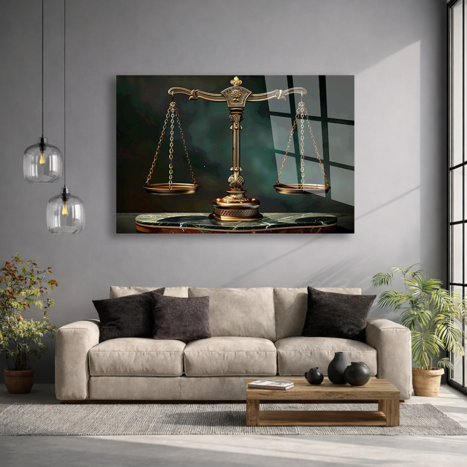 KIRILMAZ CAM TABLO , MODERN DUVAR DEKORASYONU ADALET TERAZİSİ HUKUK OFİS TASARIM HEDİYESİ