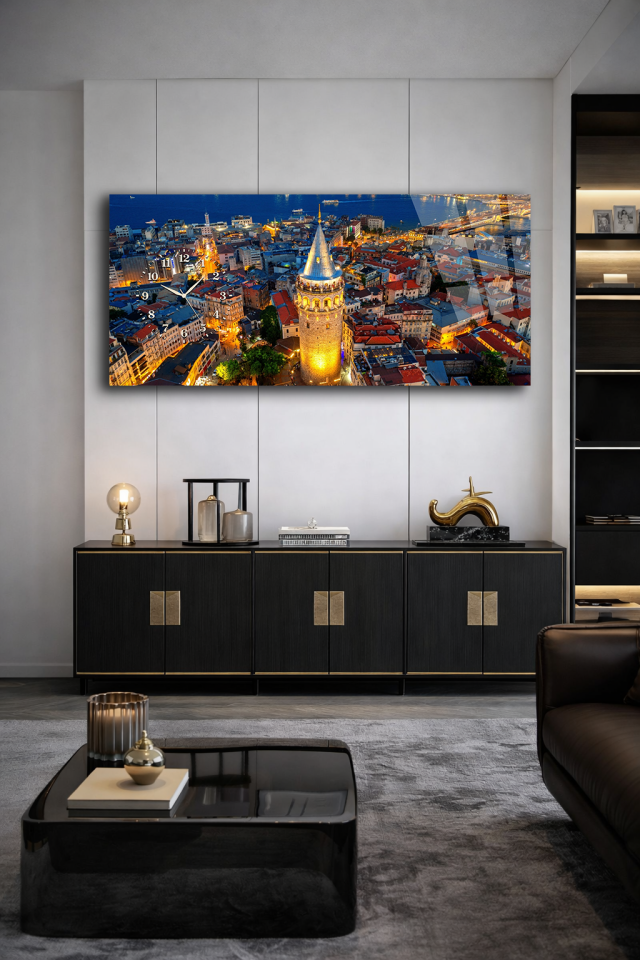 KIRILMAZ CAM DUVAR SAATİ , HEM TABLO HEM SAAT GALATA KULESİ İSTANBUL GECE MANZARASI EV OFİS HEDİYESİ