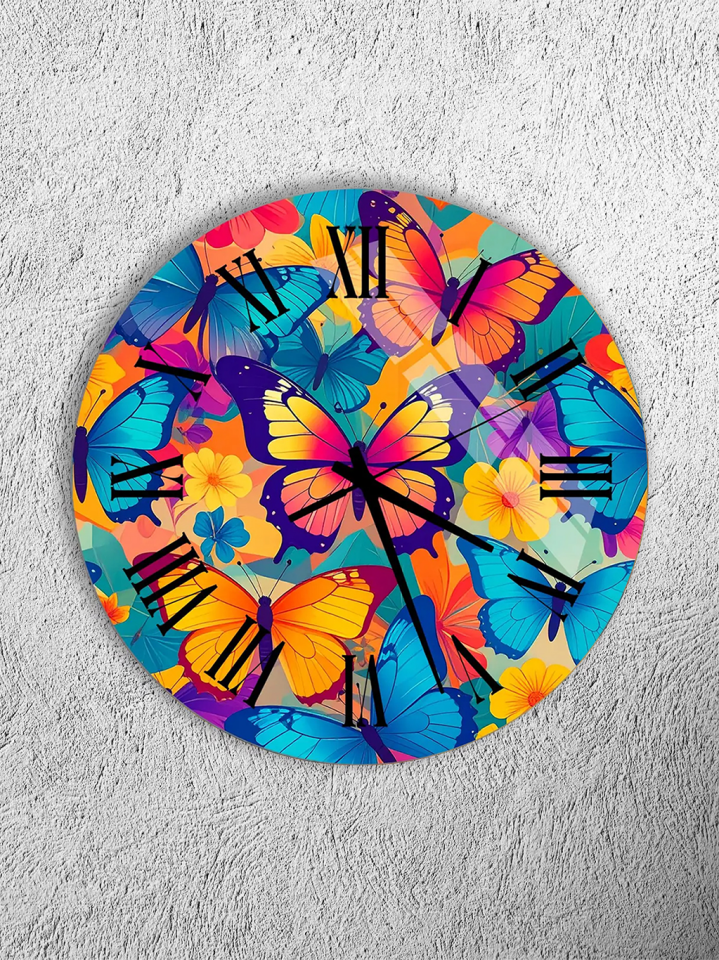 KIRILMAZ CAM DUVAR SAATİ, HEM TABLO HEM SAAT RENKLİ KELEBEK VE ÇİÇEK DESENLİ CANLI TASARIM EV OFİS HEDİYESİ