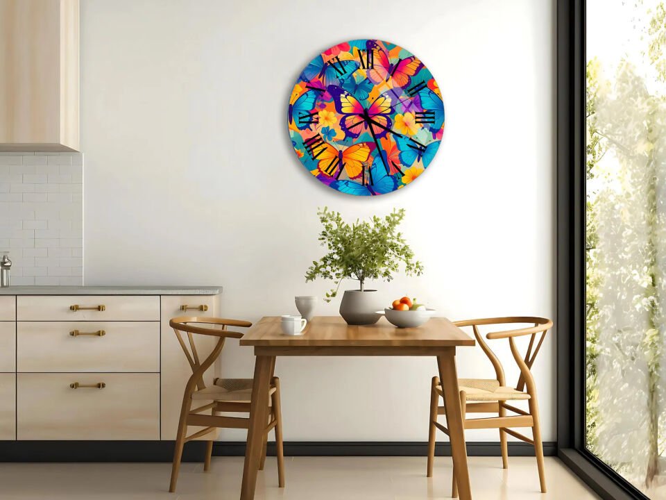 KIRILMAZ CAM DUVAR SAATİ, HEM TABLO HEM SAAT RENKLİ KELEBEK VE ÇİÇEK DESENLİ CANLI TASARIM EV OFİS HEDİYESİ