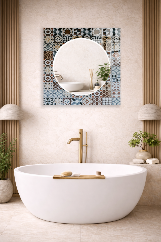 HEM TABLO HEM AYNA RENKLİ MOZAIK TASARIMLI CAM DUVAR AYNASI EV DEKORU