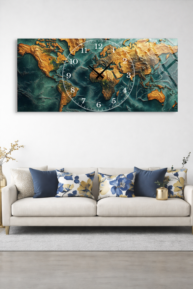 KIRILMAZ CAM DUVAR SAATİ , HEM TABLO HEM SAAT DÜNYA HARİTASI ALTIN DETAYLI CAM SAAT EV OFİS HEDİYESİ
