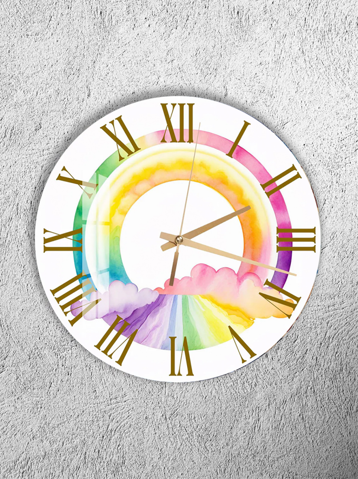 KIRILMAZ CAM DUVAR SAATİ, HEM TABLO HEM SAAT RENKLİ GÖKKUŞAĞI BULUT TASARIM EV OFİS HEDİYESİ