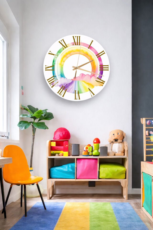 KIRILMAZ CAM DUVAR SAATİ, HEM TABLO HEM SAAT RENKLİ GÖKKUŞAĞI BULUT TASARIM EV OFİS HEDİYESİ