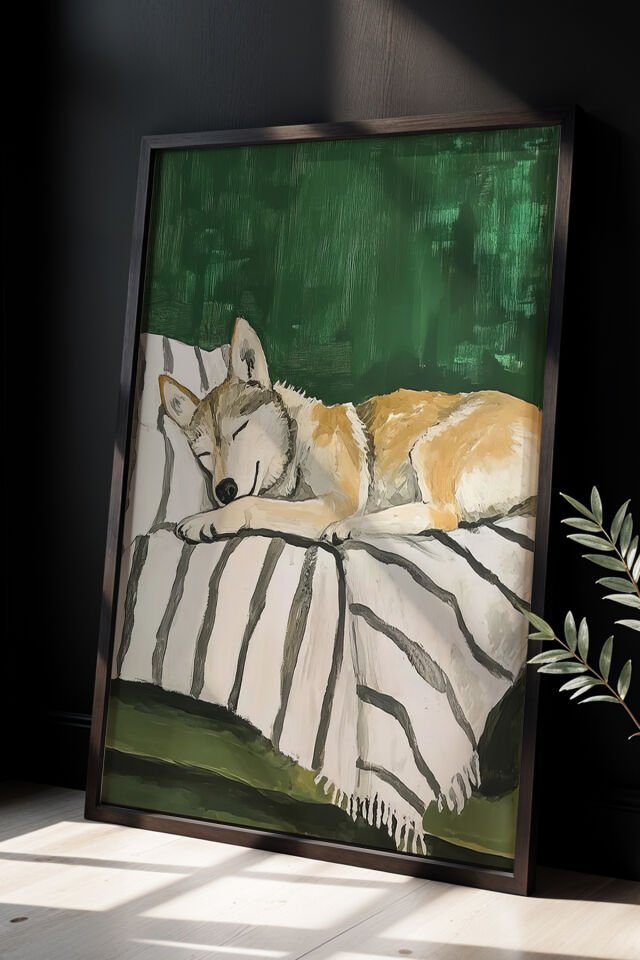 SİYAH - Soyut Husky Sanat Baskısı Ahşap Çerçeveli Köpek Duvar Tablosu