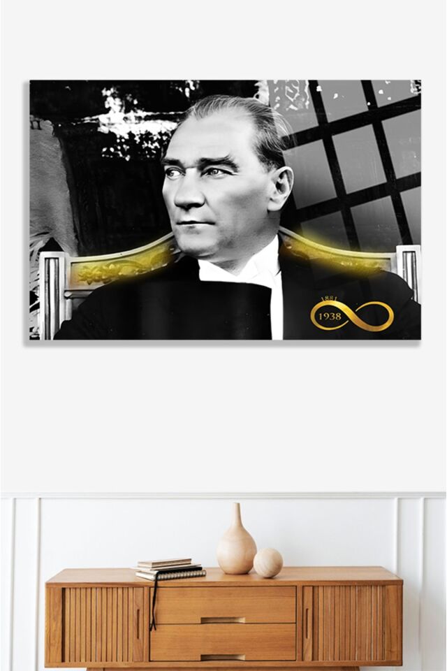 Atatürk Lüks Kırılmaz Cam Tablo, Ev Ve Ofis Hediyesi Yüksek Çözünürlüklü 4mm Lüks Tablo siyah 772