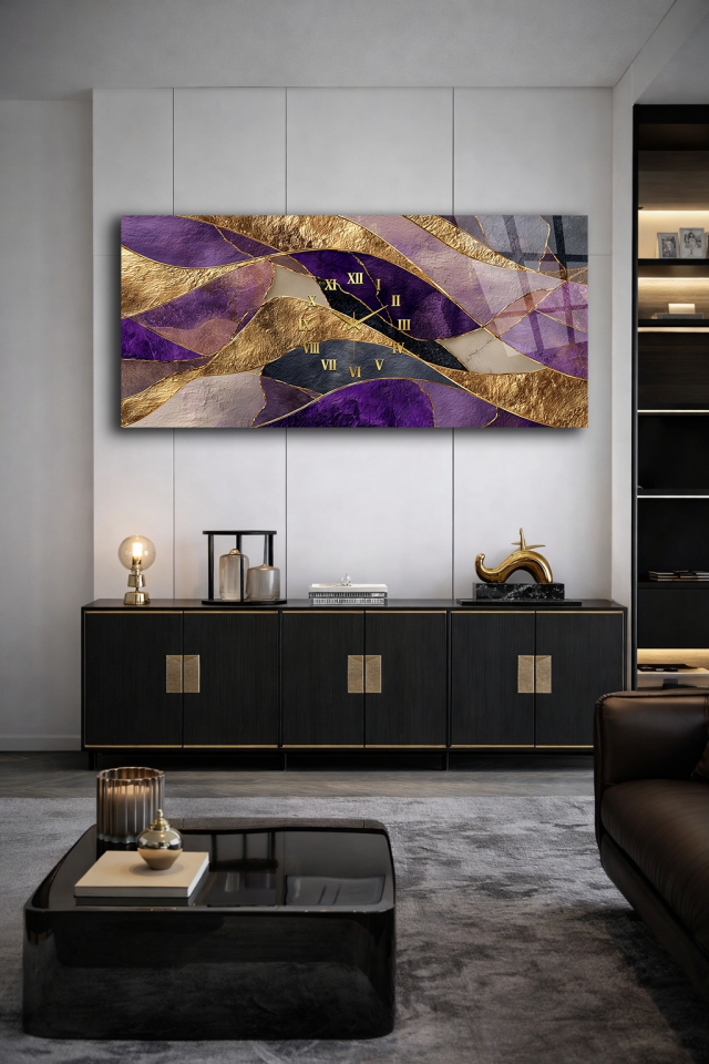KIRILMAZ CAM DUVAR SAATİ , HEM TABLO HEM SAAT MOR ALTIN SOYUT DESEN LÜKS TASARIM EV OFİS HEDİYESİ