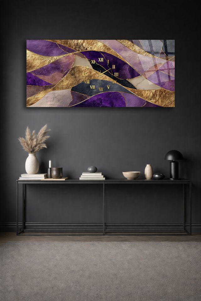KIRILMAZ CAM DUVAR SAATİ , HEM TABLO HEM SAAT MOR ALTIN SOYUT DESEN LÜKS TASARIM EV OFİS HEDİYESİ
