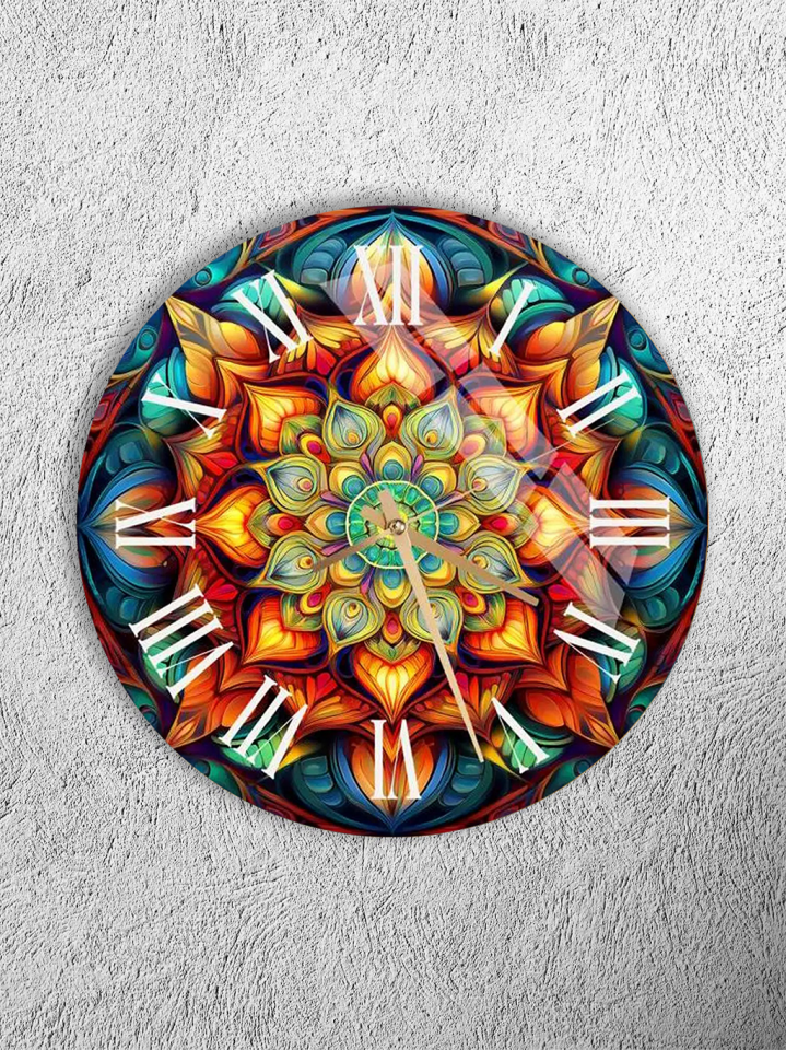 KIRILMAZ CAM DUVAR SAATİ, HEM TABLO HEM SAAT RENKLİ MANDALA DESENLİ ETNİK SANATSAL EV OFİS HEDİYESİ