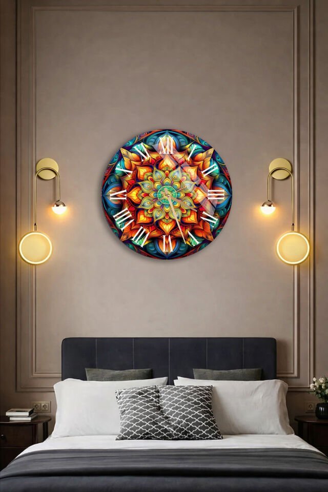 KIRILMAZ CAM DUVAR SAATİ, HEM TABLO HEM SAAT RENKLİ MANDALA DESENLİ ETNİK SANATSAL EV OFİS HEDİYESİ