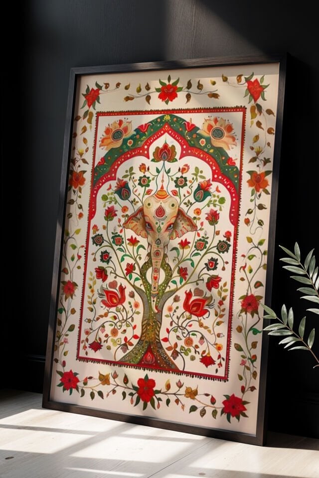 SİYAH - Doğal Ahşap çerçeveli Vintage Hint Çiçek Baskısı Salon Tablosu