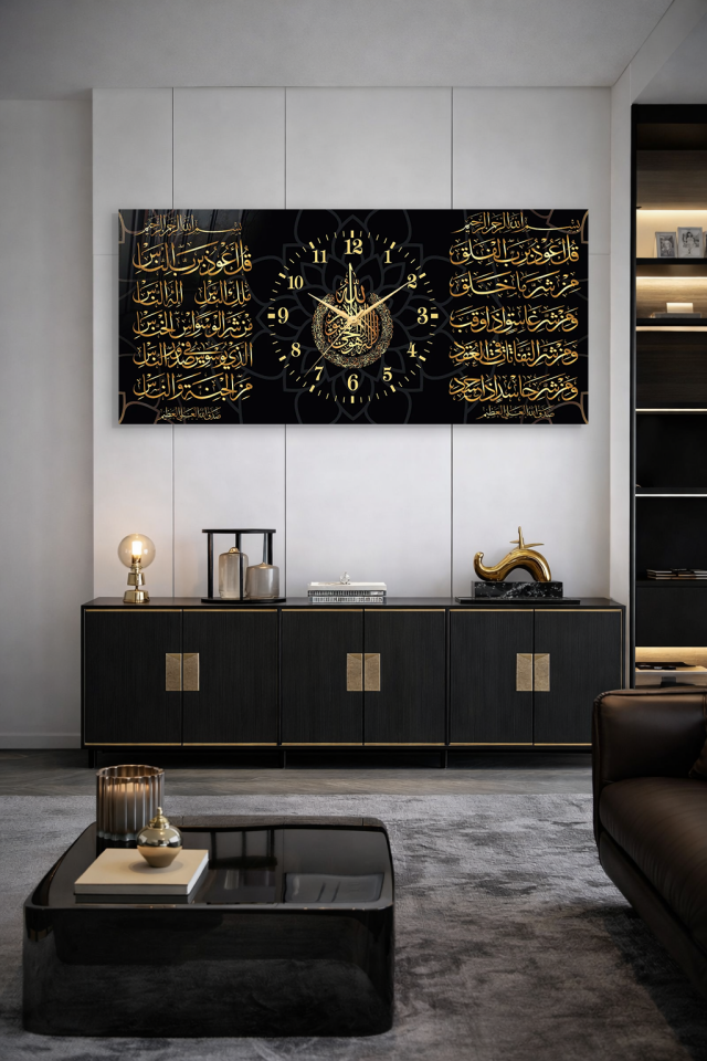 KIRILMAZ CAM DUVAR SAATİ , HEM TABLO HEM SAAT ALTIN İSLAMİ HAT TASARIM EV OFİS HEDİYESİ