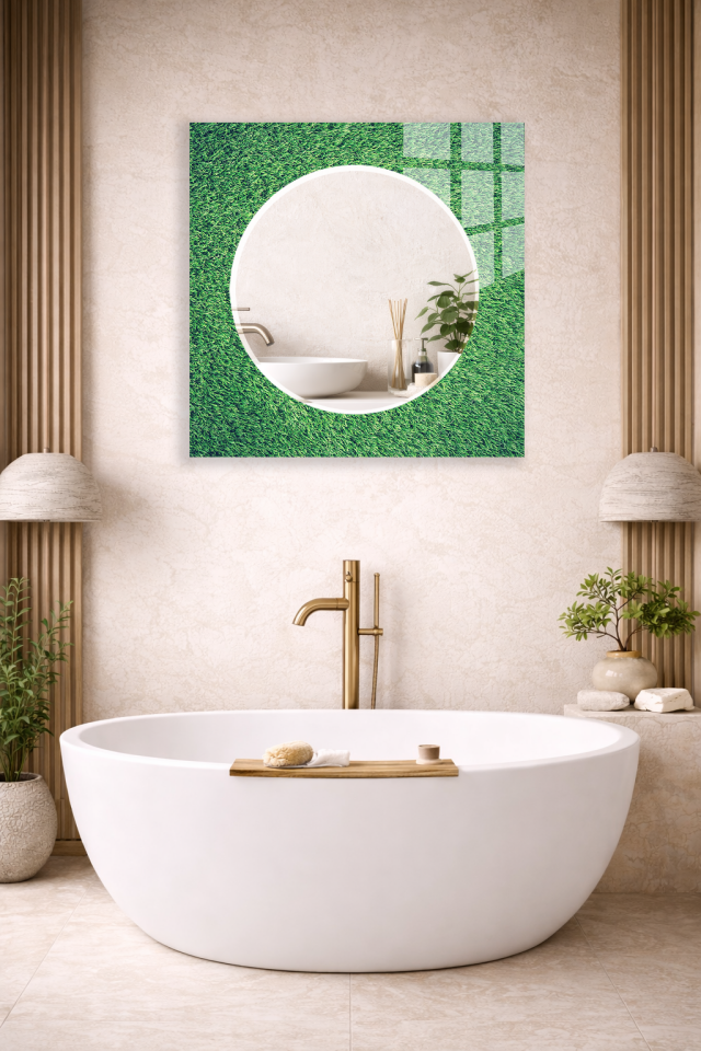 HEM TABLO HEM AYNA ÇİM DOKU YEŞİL DOĞAL TASARIM CAM DUVAR AYNASI EV DEKORU