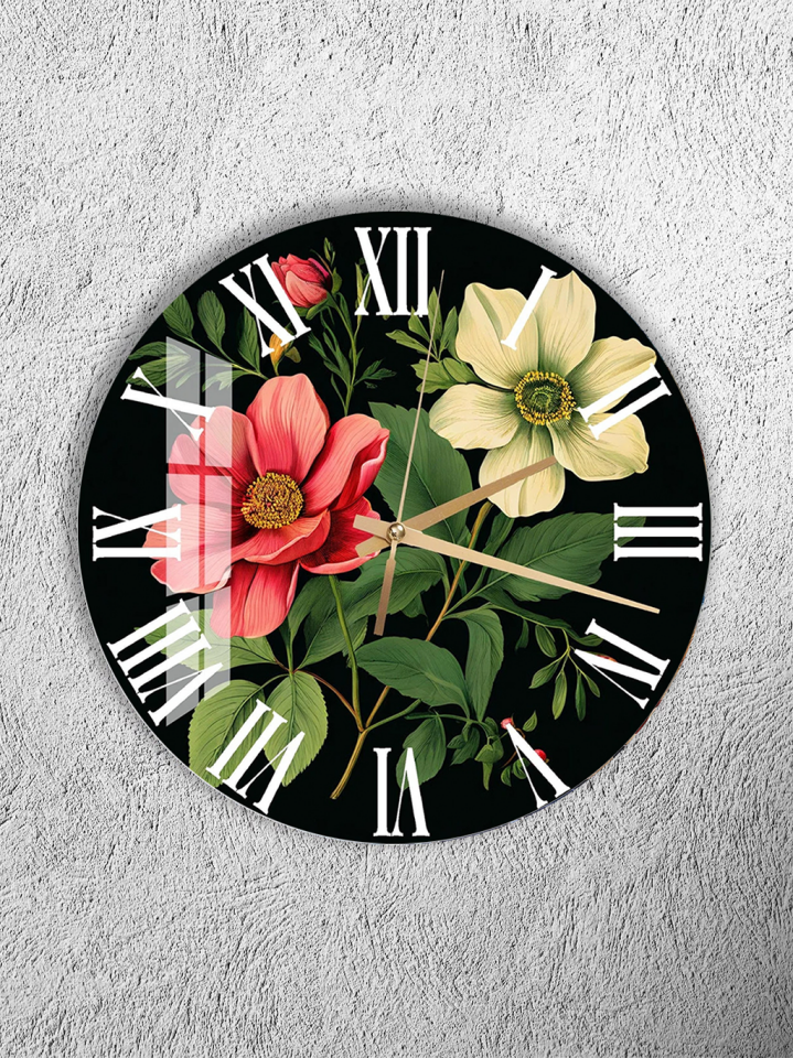 KIRILMAZ CAM DUVAR SAATİ, HEM TABLO HEM SAAT SİYAH ZEMİN ÇİÇEK DESEN SANATSAL TASARIM EV OFİS HEDİYESİ